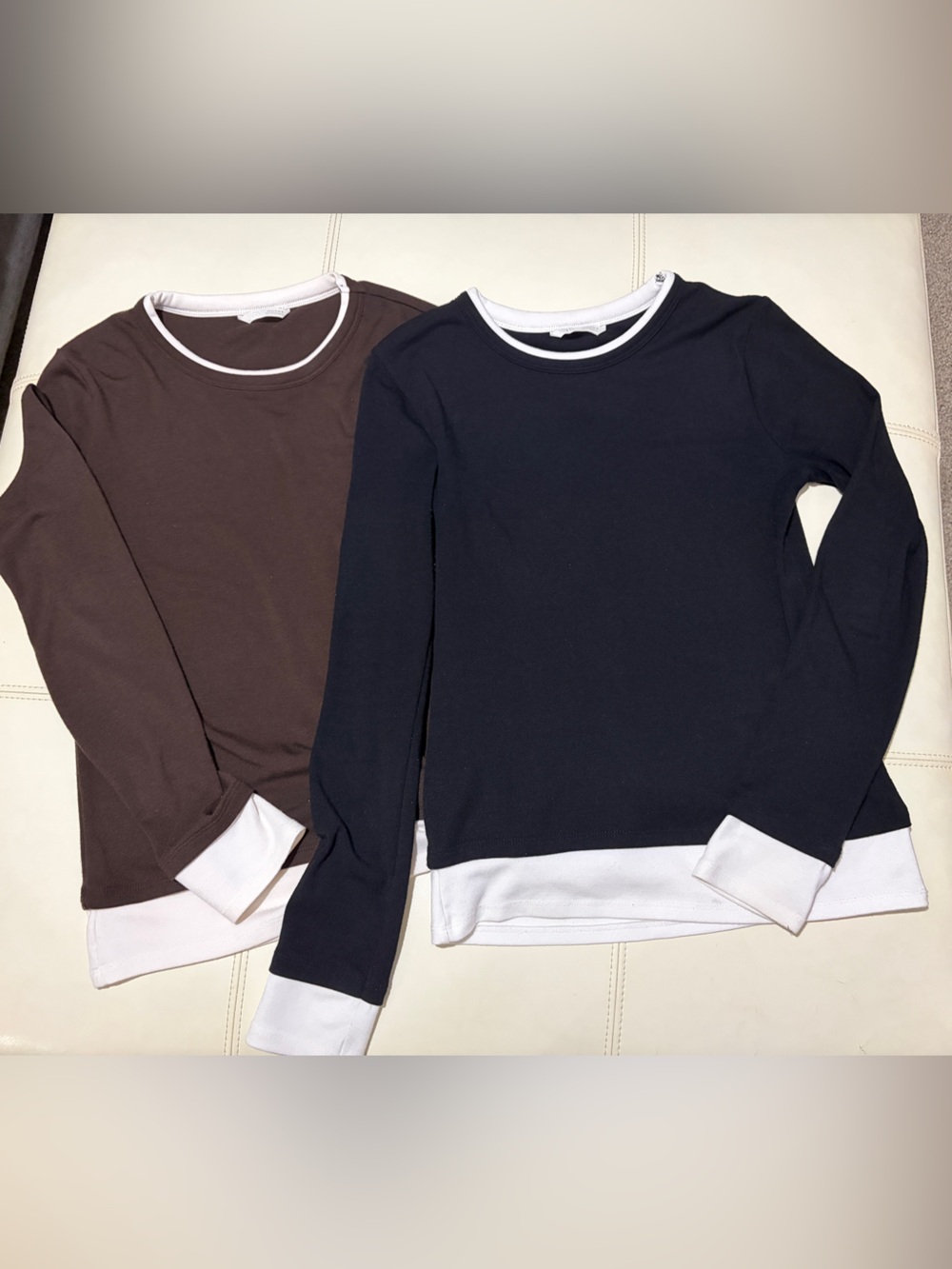 Zara Women’s Layered-Look long sleeve — Black and Brown with White Trim